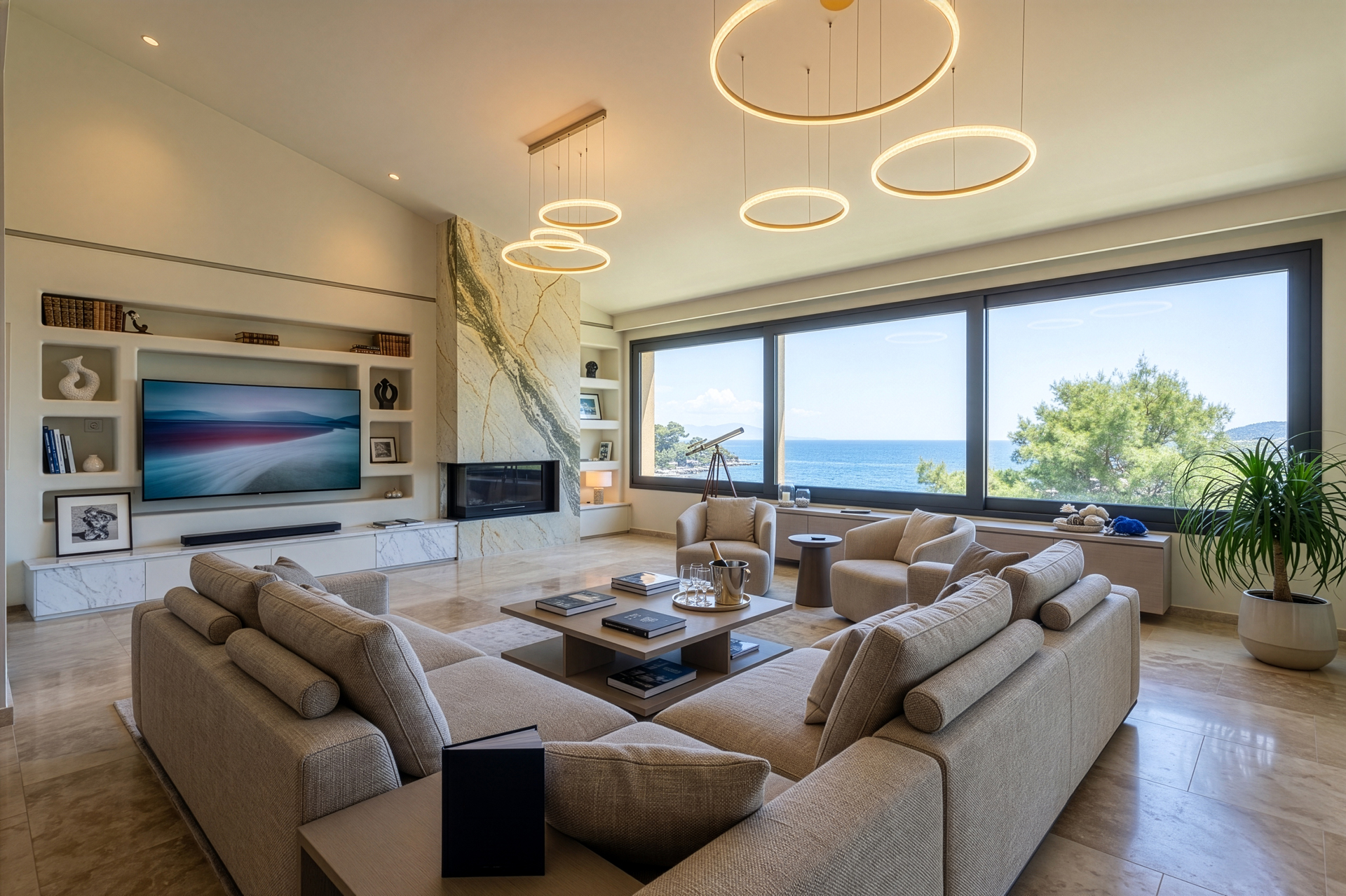 living room with a nice window at the sea